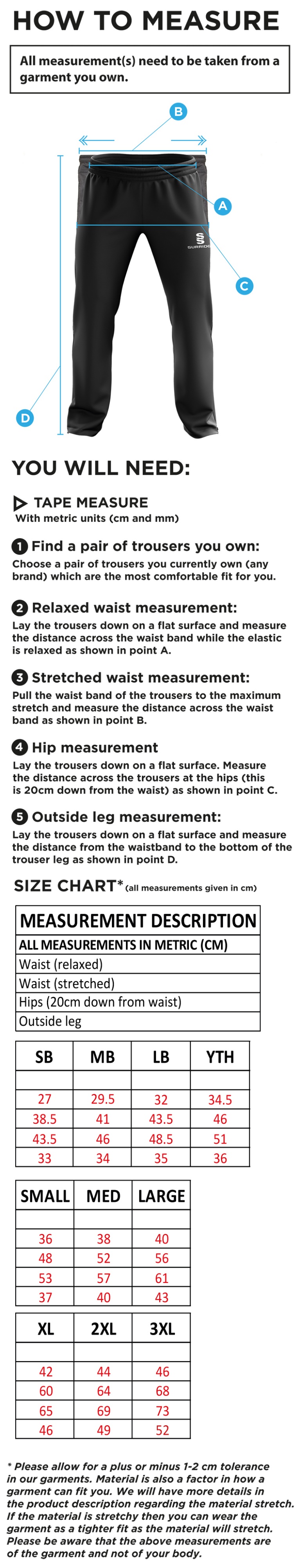 Lakenheath CC - Ripstop Track Pants - Size Guide