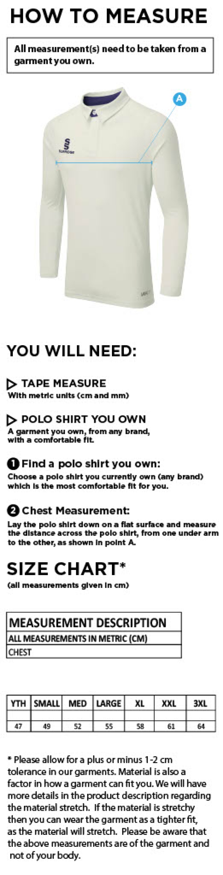 Lakenheath CC - Ergo Long Sleeved Playing Shirt - Size Guide