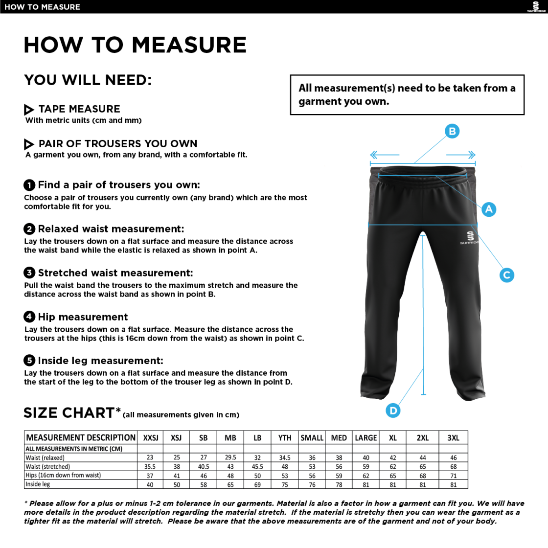 Lakenheath CC - Poplin Track Pant - Size Guide