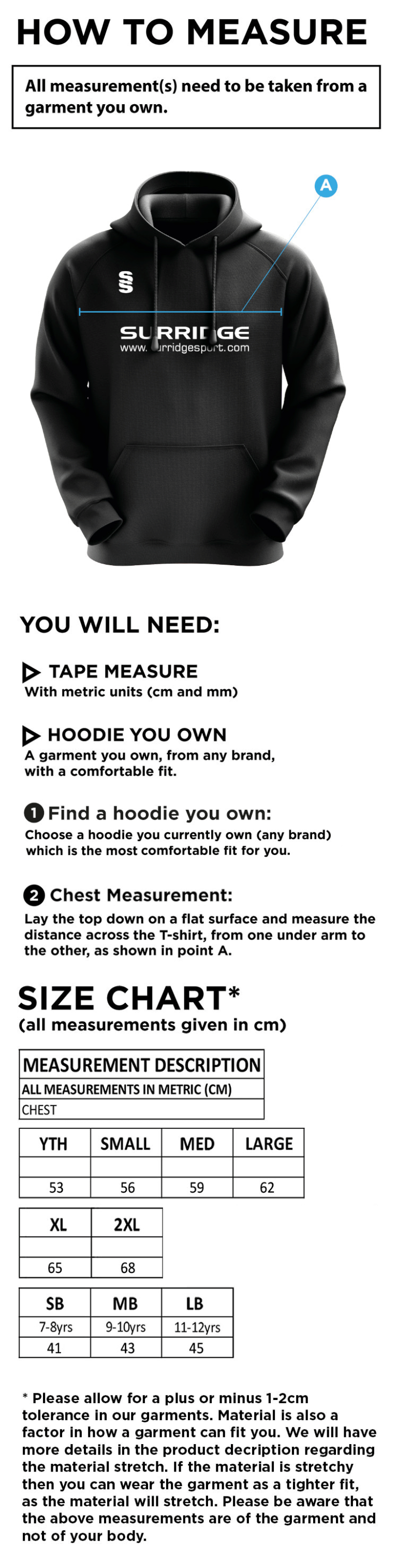 Lakenheath CC - Blade Hoody - Size Guide