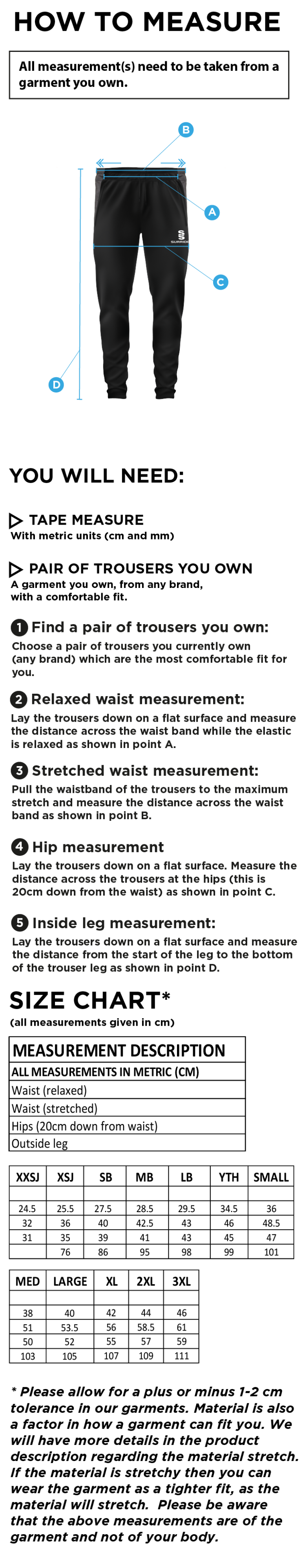 Lakenheath CC - Tek Skinny Pants - Size Guide
