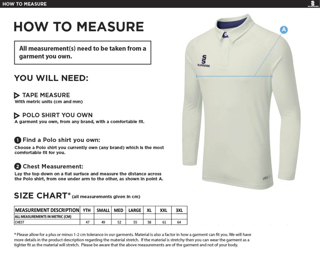 Lakenheath CC - Ergo Long Sleeved Playing Shirt - Size Guide