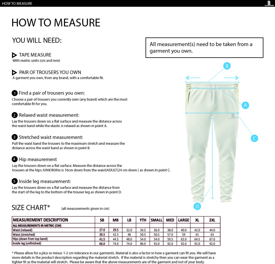 Lakenheath CC - Blade Coloured Playing Pants - Size Guide