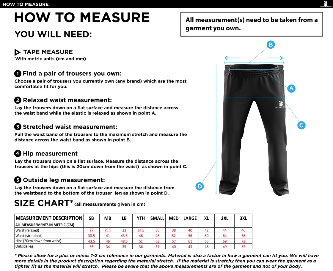 Lakenheath CC - Ripstop Track Pants - Size Guide